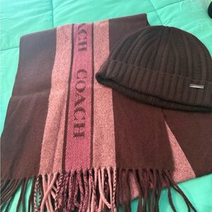 Coach Pink and Plum Striped Scarf with Beanie